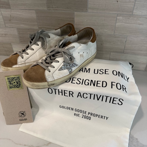 Golden Goose White and Tan Sneakers with Glitter Star - Picture 1 of 5